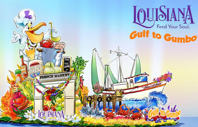 A digital rendering of Louisiana Office of Tourism's 2025 Rose Parade float.