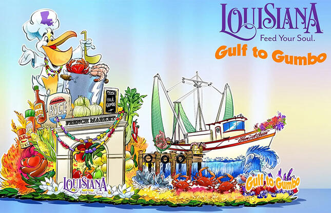 An artist's rendering of the 2026 Explore Louisiana Rose Parade float, featuring gumbo ingredients and a shrimp boat, plus a pelican chef stirring a pot of seafood.