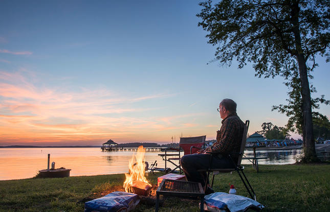 Cypress Bend Park camping at sunset on Toledo Bend Reservoir Louisiana
