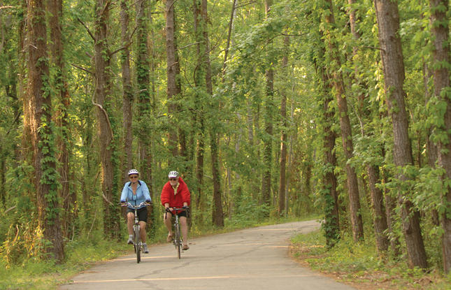 Two people in workout wear riding through a vine-covered forest in the Tammany Trace trails in Louisiana’s Northshore.