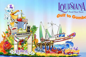 A digital rendering of Louisiana Office of Tourism's 2025 Rose Parade float.