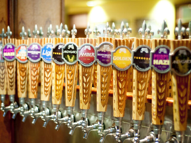 Abita Beer taps in the brewery's tasting room bar.