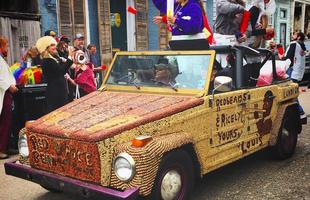 Louis Armstrong Themed Red Beans Car in Red Bean Parade on Lundi Gras in New Orleans