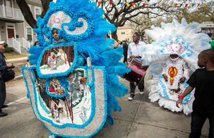 Mardi Gras Indians in Elaborate costumes parade on Super Sunday in New Orleans.